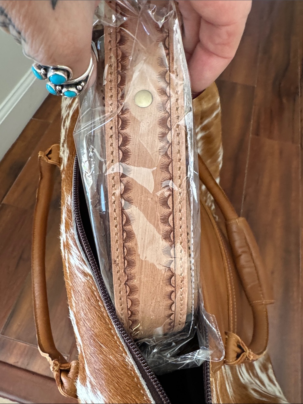 HugeCowhide Pattern Travel Tote Bag in Brown & White with Tooled Leather Accents - Picture 5 of 5